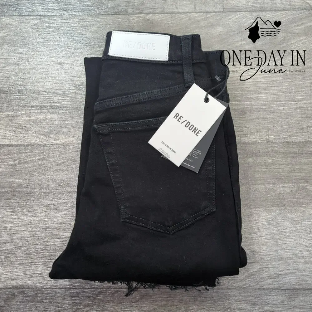 Re/Done 70s Stove Pipe Jeans Black Noir With Rip High Rise NWT Size 00 (24)